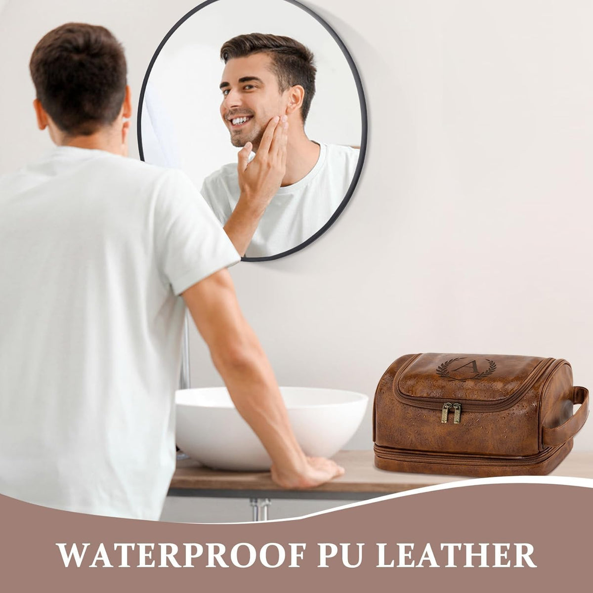 Toiletry Bag for Men Travel Essentials Shaving Dopp Kit with Hanging Hook, Waterproof Toiletry Bag with Dry Wet Separation, PU Leather Travel Organizer for Camping Business, Reddish Brown