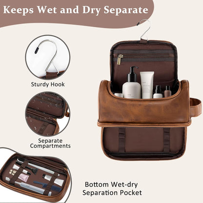 Toiletry Bag for Men Travel Essentials Shaving Dopp Kit with Hanging Hook, Waterproof Toiletry Bag with Dry Wet Separation, PU Leather Travel Organizer for Camping Business, Reddish Brown
