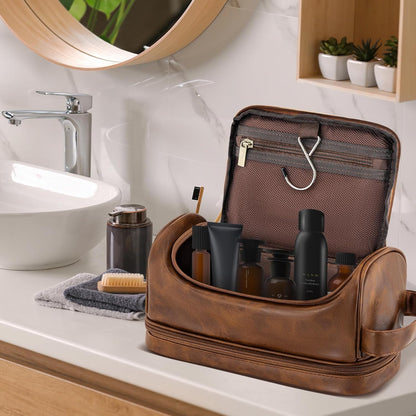 Toiletry Bag for Men Travel Essentials Shaving Dopp Kit with Hanging Hook, Waterproof Toiletry Bag with Dry Wet Separation, PU Leather Travel Organizer for Camping Business, Reddish Brown