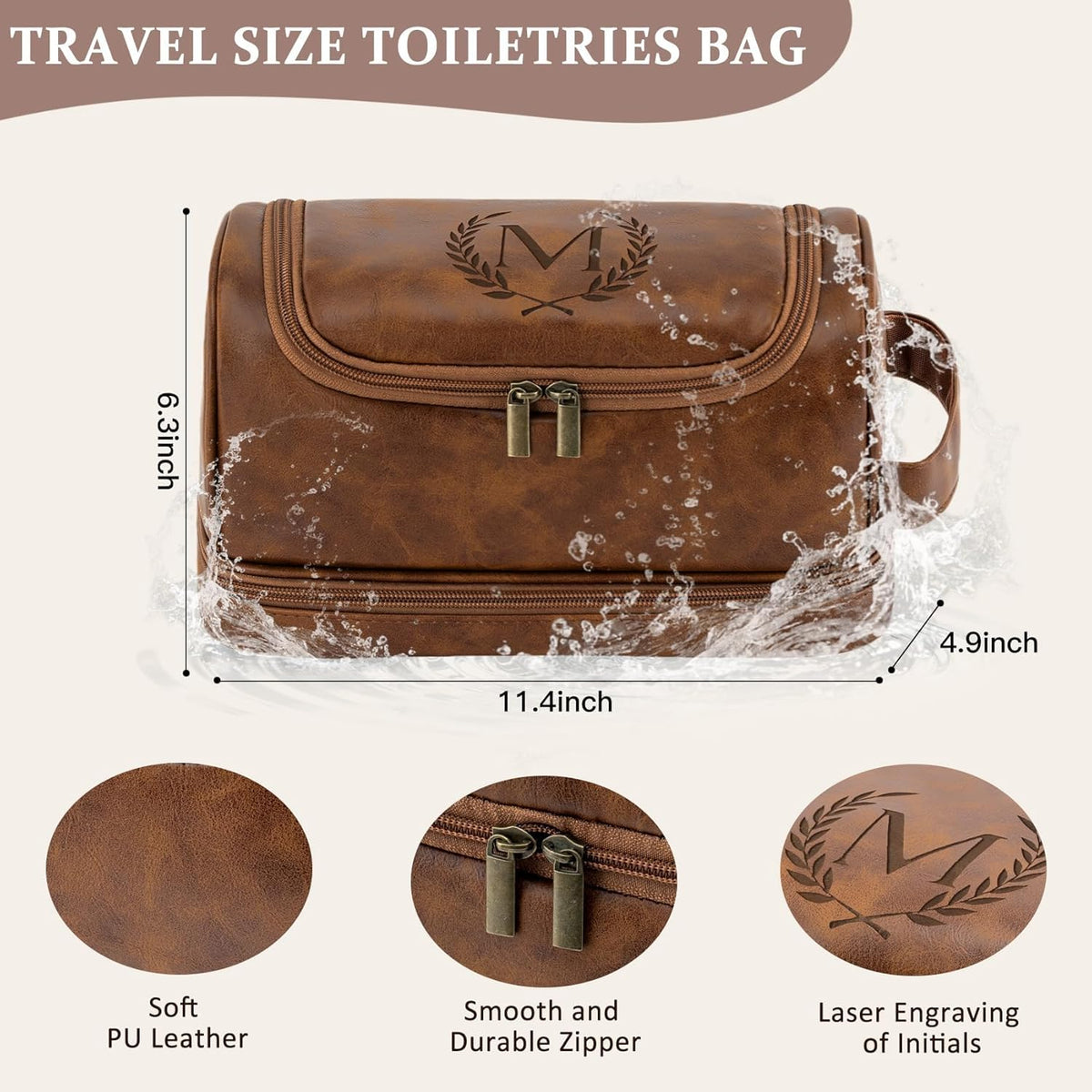 Toiletry Bag for Men Travel Essentials Shaving Dopp Kit with Hanging Hook, Waterproof Toiletry Bag with Dry Wet Separation, PU Leather Travel Organizer for Camping Business, Reddish Brown