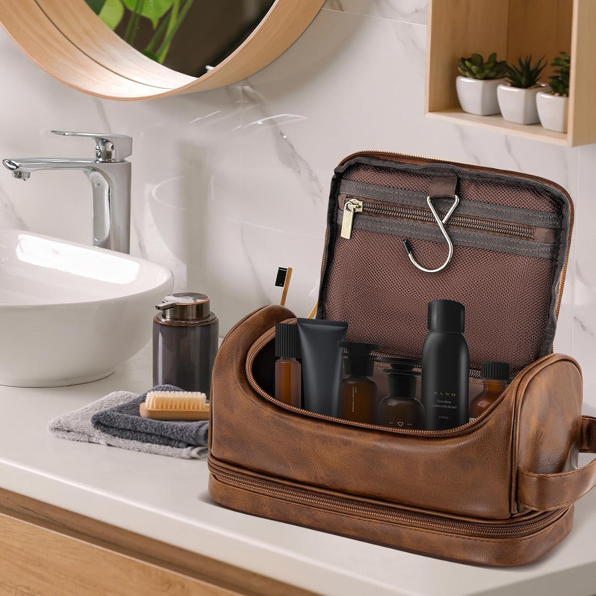 Toiletry Bag for Men Travel Essentials Shaving Dopp Kit with Hanging Hook, Waterproof Toiletry Bag with Dry Wet Separation, PU Leather Travel Organizer for Camping Business, Reddish Brown