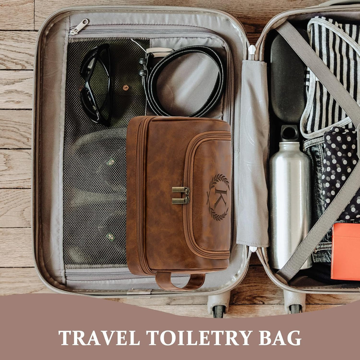 Toiletry Bag for Men Travel Essentials Shaving Dopp Kit with Hanging Hook, Waterproof Toiletry Bag with Dry Wet Separation, PU Leather Travel Organizer for Camping Business, Reddish Brown