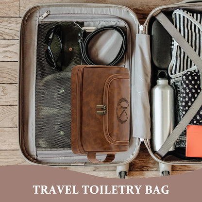 Toiletry Bag for Men Travel Essentials Shaving Dopp Kit with Hanging Hook, Waterproof Toiletry Bag with Dry Wet Separation, PU Leather Travel Organizer for Camping Business, Reddish Brown