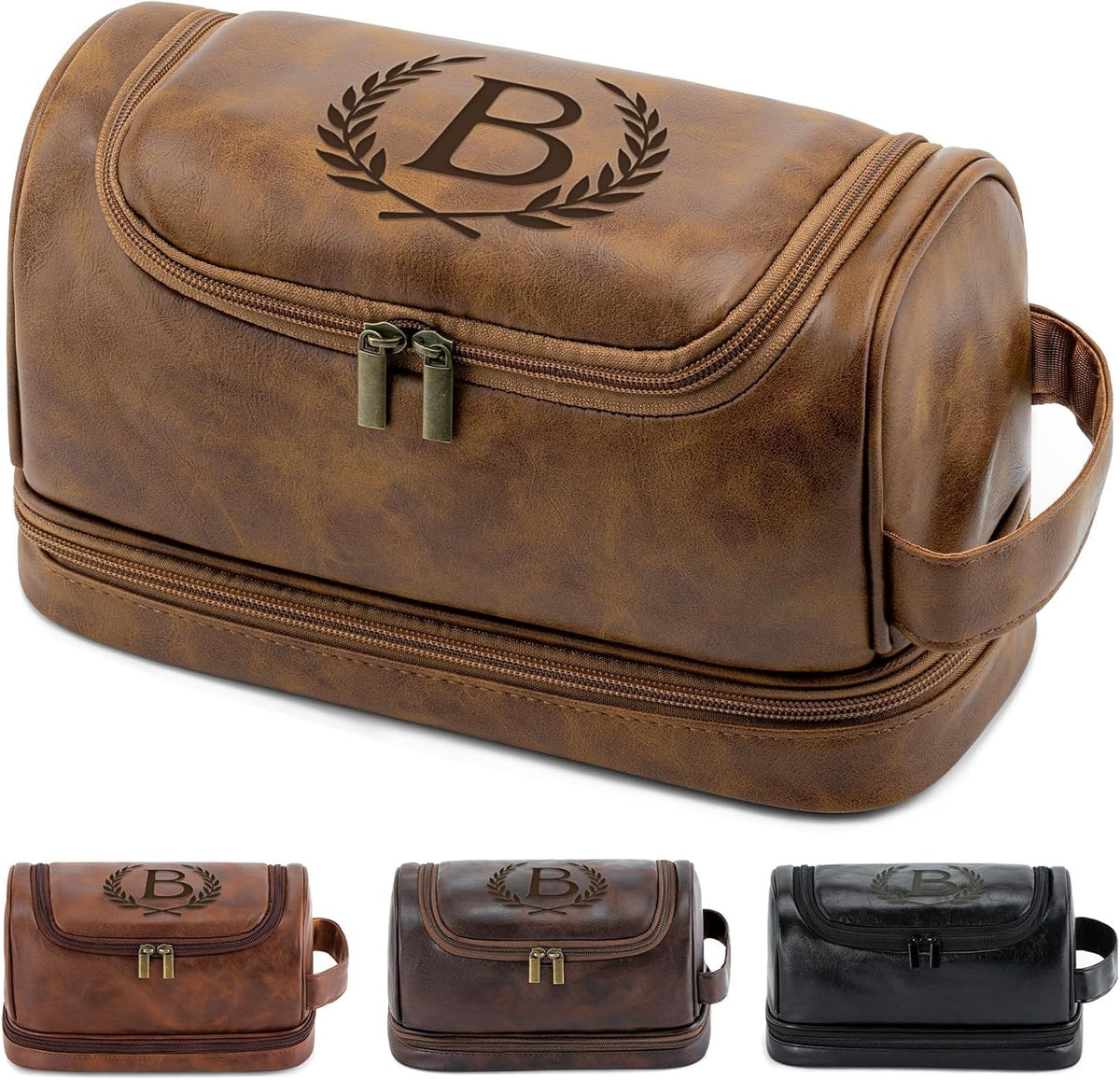 Toiletry Bag for Men Travel Essentials Shaving Dopp Kit with Hanging Hook, Waterproof Toiletry Bag with Dry Wet Separation, PU Leather Travel Organizer for Camping Business, Reddish Brown