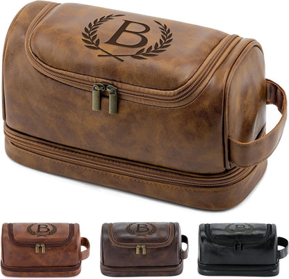 Toiletry Bag for Men Travel Essentials Shaving Dopp Kit with Hanging Hook, Waterproof Toiletry Bag with Dry Wet Separation, PU Leather Travel Organizer for Camping Business, Reddish Brown