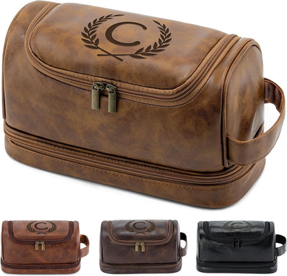 Toiletry Bag for Men Travel Essentials Shaving Dopp Kit with Hanging Hook, Waterproof Toiletry Bag with Dry Wet Separation, PU Leather Travel Organizer for Camping Business, Reddish Brown