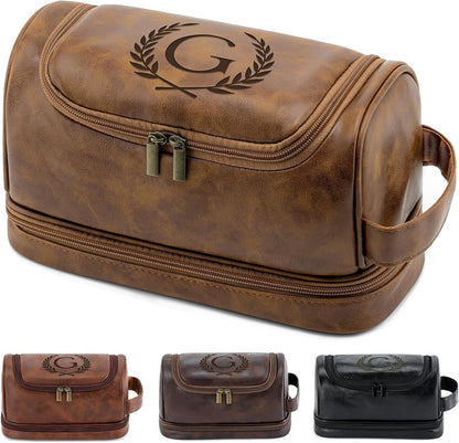 Toiletry Bag for Men Travel Essentials Shaving Dopp Kit with Hanging Hook, Waterproof Toiletry Bag with Dry Wet Separation, PU Leather Travel Organizer for Camping Business, Reddish Brown