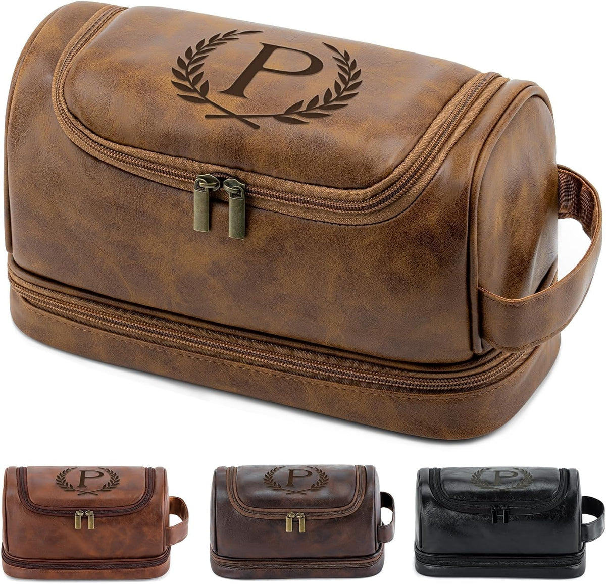 Toiletry Bag for Men Travel Essentials Shaving Dopp Kit with Hanging Hook, Waterproof Toiletry Bag with Dry Wet Separation, PU Leather Travel Organizer for Camping Business, Reddish Brown