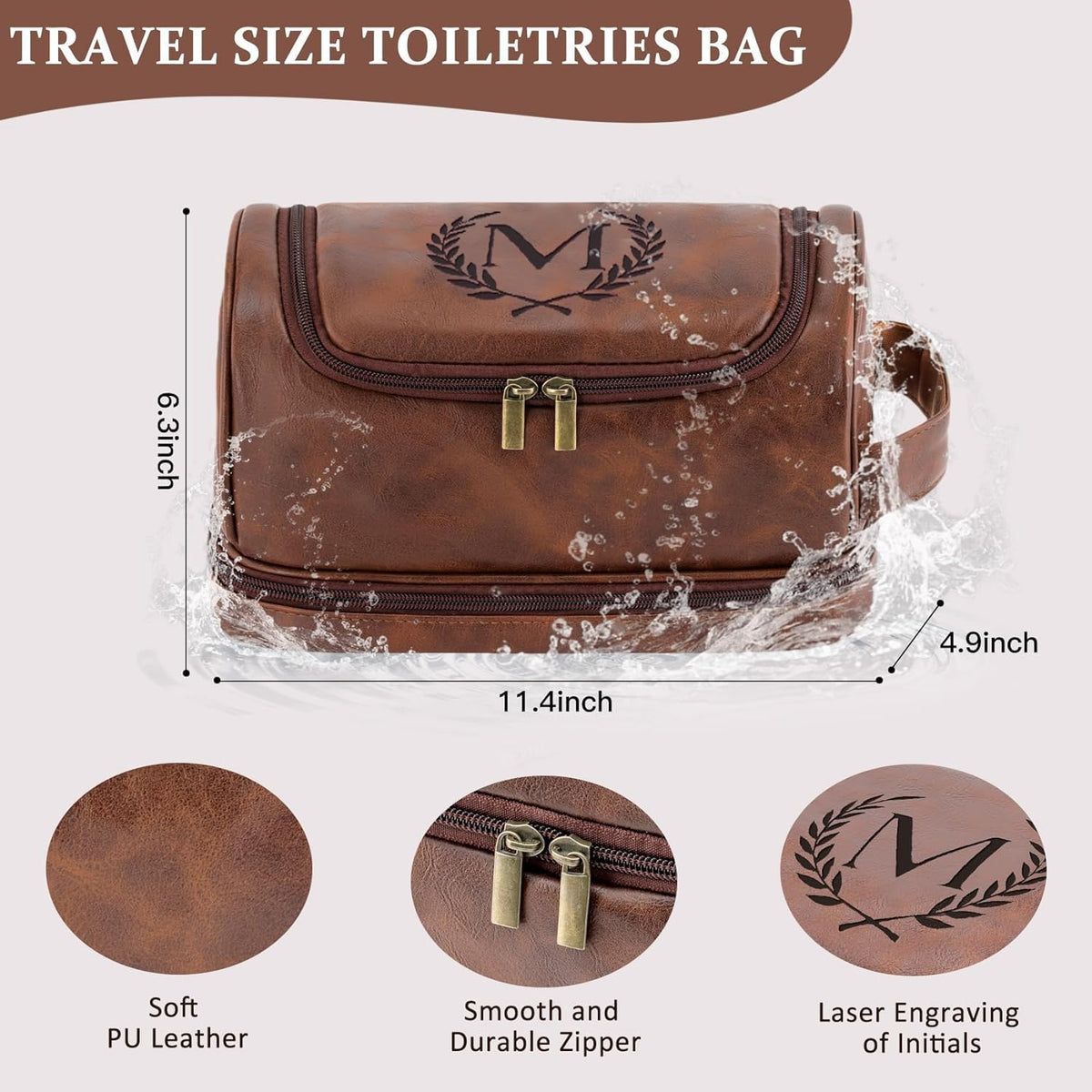 Toiletry Bag for Men Travel Essentials Shaving Dopp Kit with Hanging Hook, Waterproof Toiletry Bag with Dry Wet Separation, PU Leather Travel Organizer for Camping Business, Reddish Brown