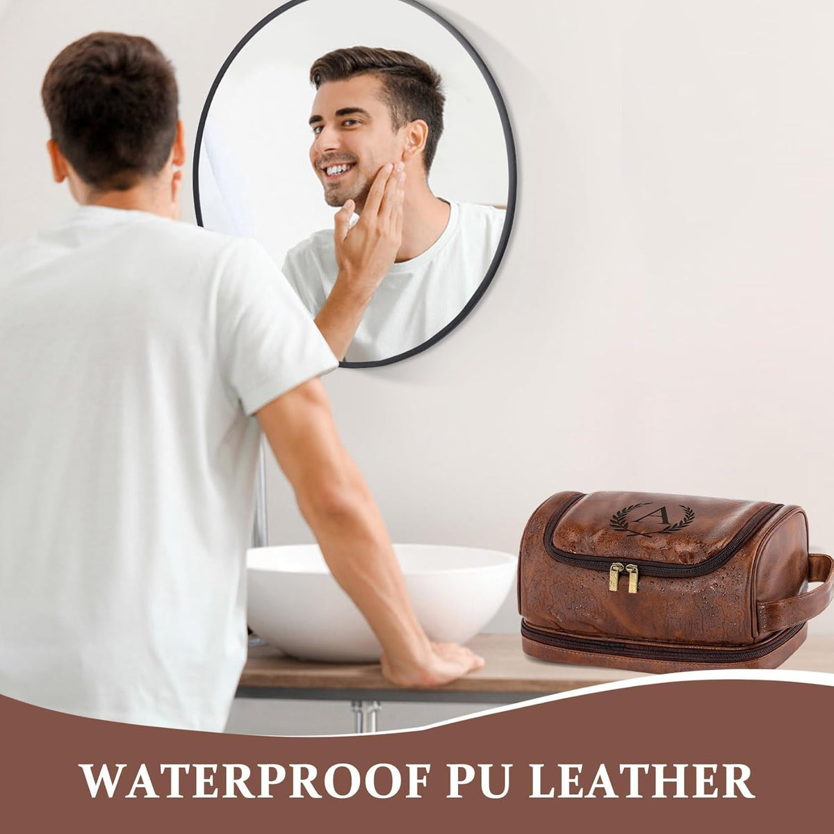 Toiletry Bag for Men Travel Essentials Shaving Dopp Kit with Hanging Hook, Waterproof Toiletry Bag with Dry Wet Separation, PU Leather Travel Organizer for Camping Business, Reddish Brown