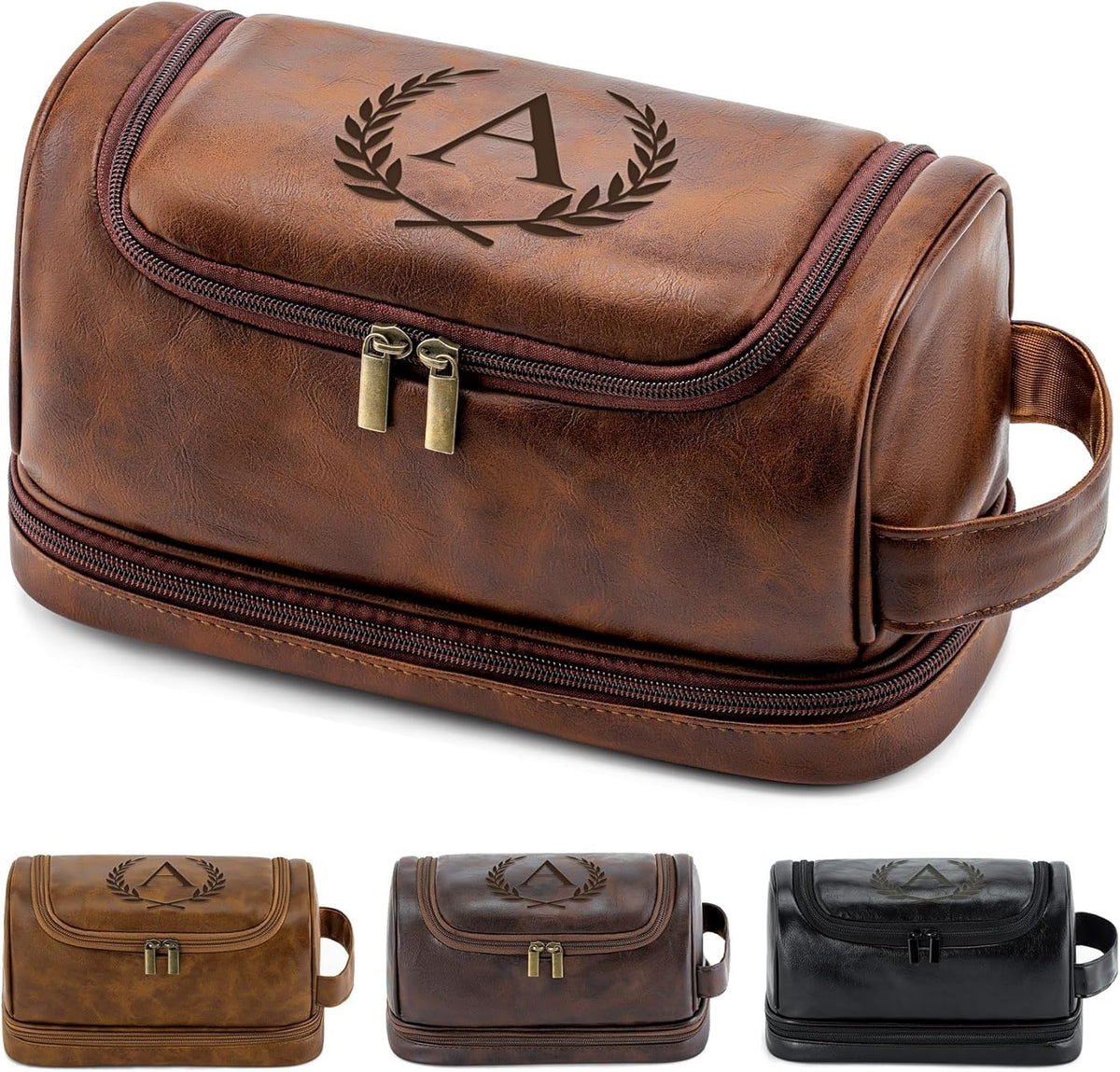 Toiletry Bag for Men Travel Essentials Shaving Dopp Kit with Hanging Hook, Waterproof Toiletry Bag with Dry Wet Separation, PU Leather Travel Organizer for Camping Business, Reddish Brown