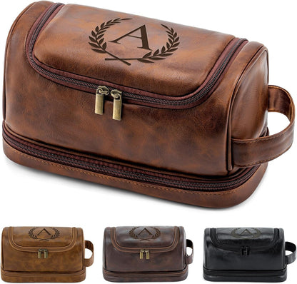 Toiletry Bag for Men Travel Essentials Shaving Dopp Kit with Hanging Hook, Waterproof Toiletry Bag with Dry Wet Separation, PU Leather Travel Organizer for Camping Business, Reddish Brown