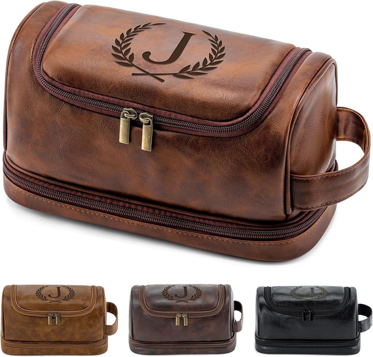 Toiletry Bag for Men Travel Essentials Shaving Dopp Kit with Hanging Hook, Waterproof Toiletry Bag with Dry Wet Separation, PU Leather Travel Organizer for Camping Business, Reddish Brown