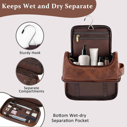 Toiletry Bag for Men Travel Essentials Shaving Dopp Kit with Hanging Hook, Waterproof Toiletry Bag with Dry Wet Separation, PU Leather Travel Organizer for Camping Business, Reddish Brown