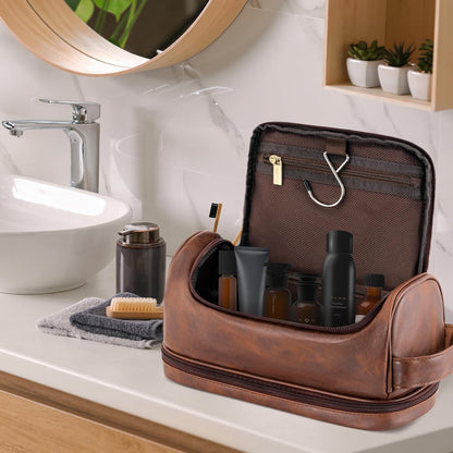 Toiletry Bag for Men Travel Essentials Shaving Dopp Kit with Hanging Hook, Waterproof Toiletry Bag with Dry Wet Separation, PU Leather Travel Organizer for Camping Business, Reddish Brown