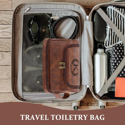 Toiletry Bag for Men Travel Essentials Shaving Dopp Kit with Hanging Hook, Waterproof Toiletry Bag with Dry Wet Separation, PU Leather Travel Organizer for Camping Business, Reddish Brown