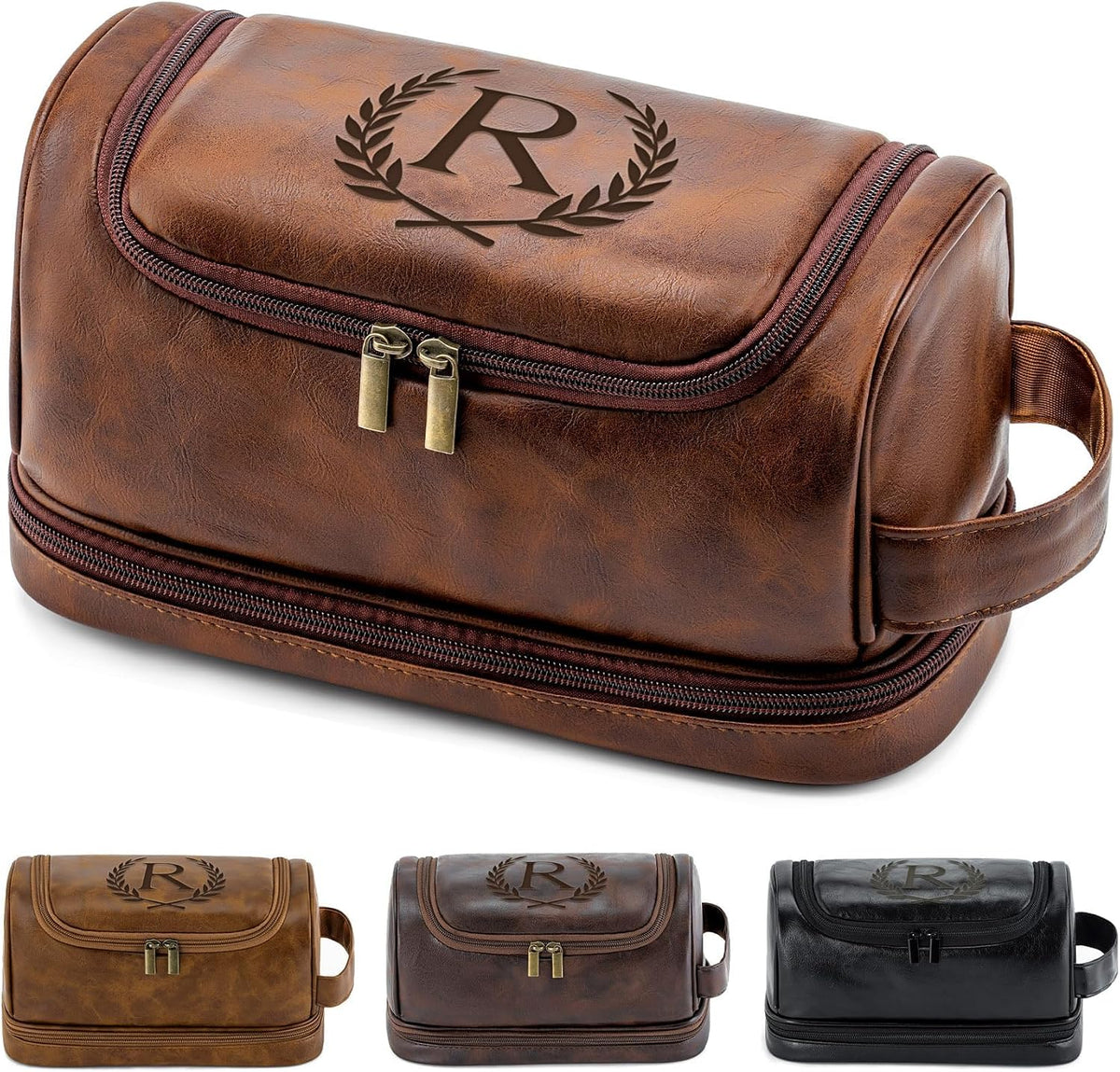 Toiletry Bag for Men Travel Essentials Shaving Dopp Kit with Hanging Hook, Waterproof Toiletry Bag with Dry Wet Separation, PU Leather Travel Organizer for Camping Business, Reddish Brown