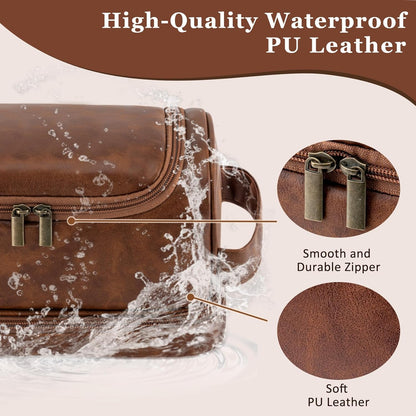 Toiletry Bag for Men Travel Essentials Shaving Dopp Kit with Hanging Hook, Waterproof Toiletry Bag with Dry Wet Separation, PU Leather Travel Organizer for Camping Business, Reddish Brown