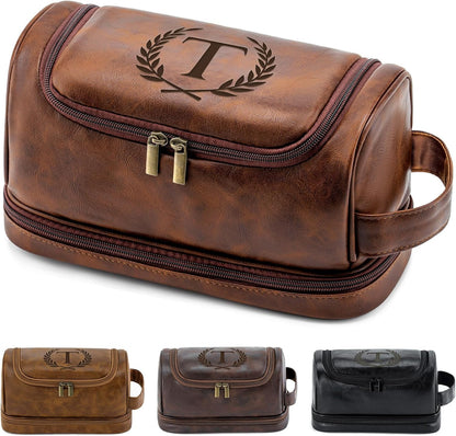 Toiletry Bag for Men Travel Essentials Shaving Dopp Kit with Hanging Hook, Waterproof Toiletry Bag with Dry Wet Separation, PU Leather Travel Organizer for Camping Business, Reddish Brown