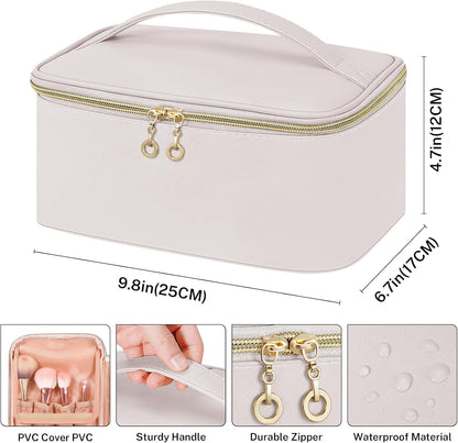 Travel Makeup Bag, Large Capacity Cosmetic Bags for Women,Portable Waterproof Leather Toiletry Bag Make Up Organizer Bag with Divider and Handle