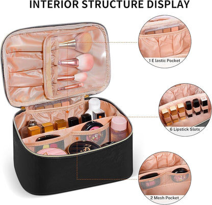 Travel Makeup Bag, Large Capacity Cosmetic Bags for Women,Portable Waterproof Leather Toiletry Bag Make Up Organizer Bag with Divider and Handle