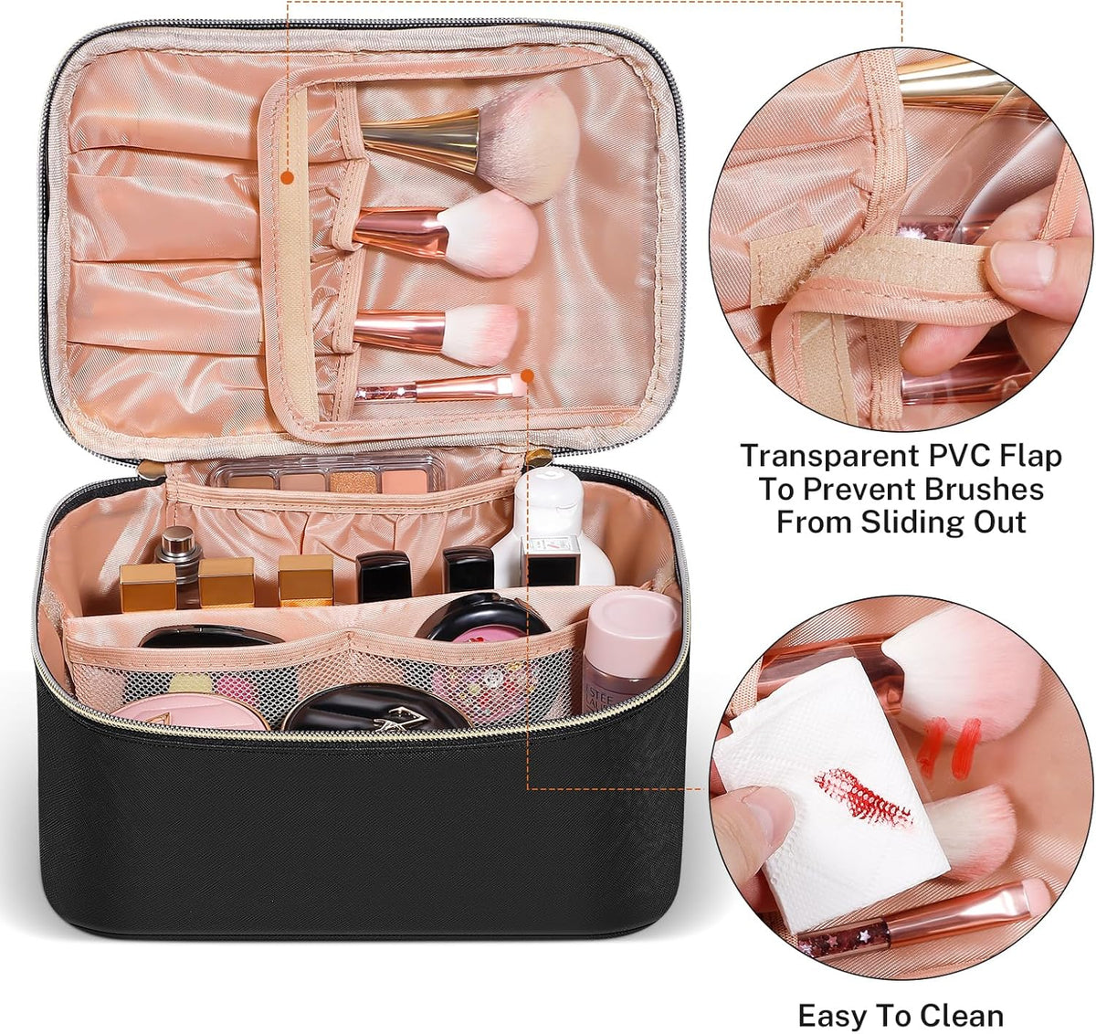 Travel Makeup Bag, Large Capacity Cosmetic Bags for Women,Portable Waterproof Leather Toiletry Bag Make Up Organizer Bag with Divider and Handle
