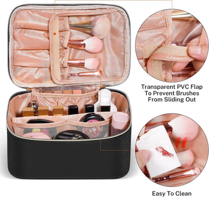 Travel Makeup Bag, Large Capacity Cosmetic Bags for Women,Portable Waterproof Leather Toiletry Bag Make Up Organizer Bag with Divider and Handle