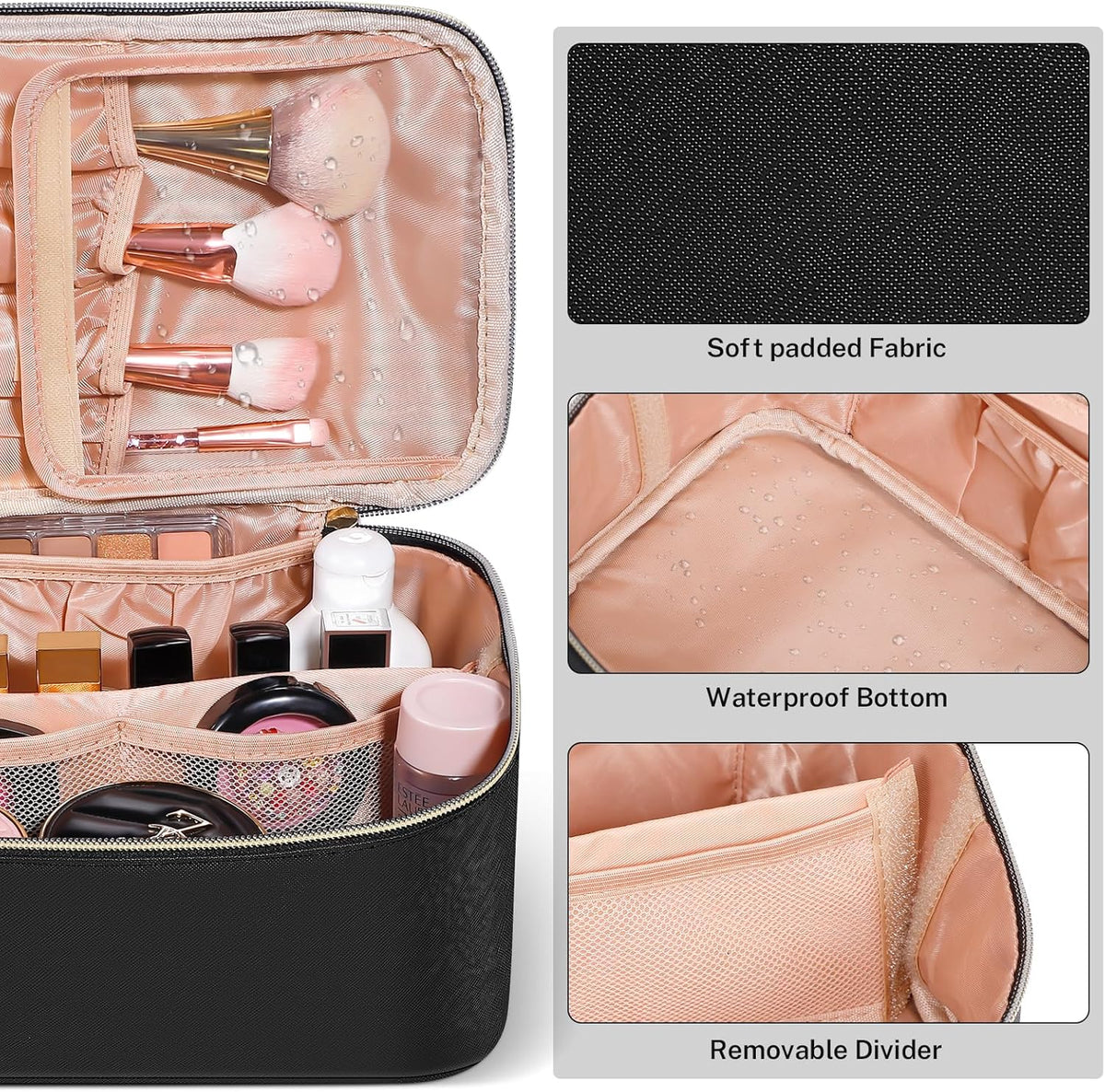 Travel Makeup Bag, Large Capacity Cosmetic Bags for Women,Portable Waterproof Leather Toiletry Bag Make Up Organizer Bag with Divider and Handle