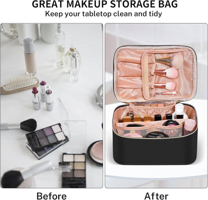 Travel Makeup Bag, Large Capacity Cosmetic Bags for Women,Portable Waterproof Leather Toiletry Bag Make Up Organizer Bag with Divider and Handle
