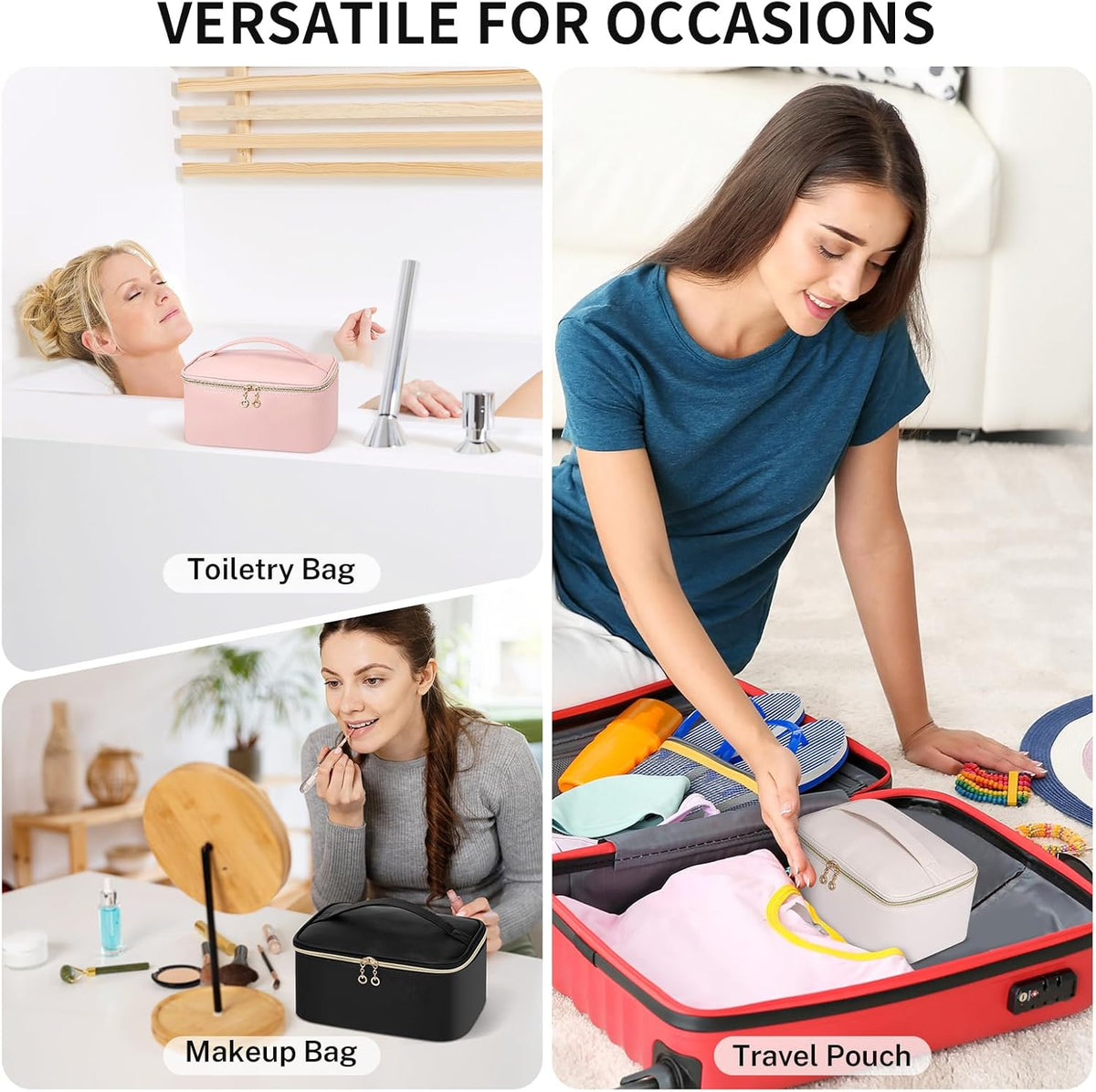 Travel Makeup Bag, Large Capacity Cosmetic Bags for Women,Portable Waterproof Leather Toiletry Bag Make Up Organizer Bag with Divider and Handle
