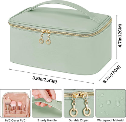 Travel Makeup Bag, Large Capacity Cosmetic Bags for Women,Portable Waterproof Leather Toiletry Bag Make Up Organizer Bag with Divider and Handle