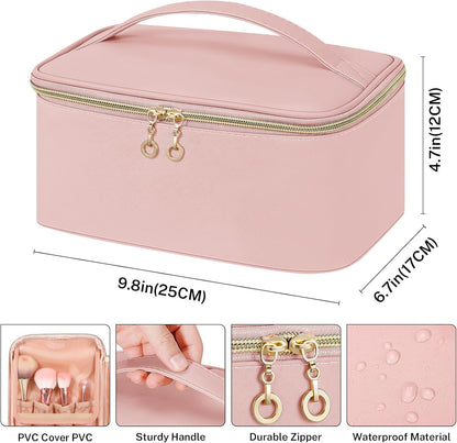 Travel Makeup Bag, Large Capacity Cosmetic Bags for Women,Portable Waterproof Leather Toiletry Bag Make Up Organizer Bag with Divider and Handle