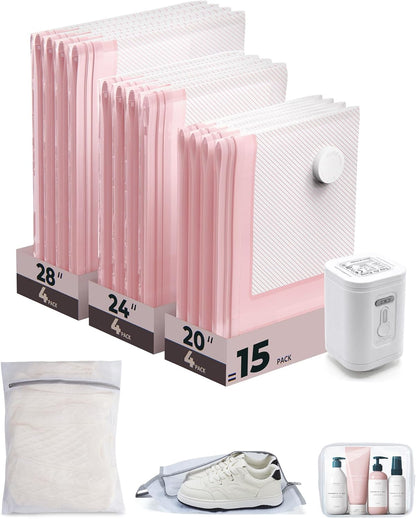 Vacuum Seal Storage Bags for Clothing Travel, 18 Pack Travel Essentials Bundle includes Laundry Bag & Waterproof Shoe Bag & TSA Approved Toiletry Bag, Hand Pump Included