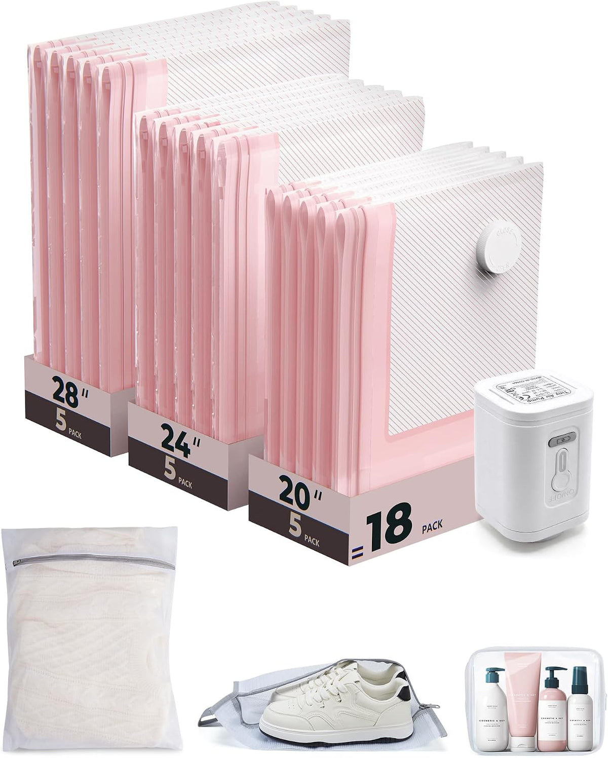Vacuum Seal Storage Bags for Clothing Travel, 18 Pack Travel Essentials Bundle includes Laundry Bag & Waterproof Shoe Bag & TSA Approved Toiletry Bag, Hand Pump Included