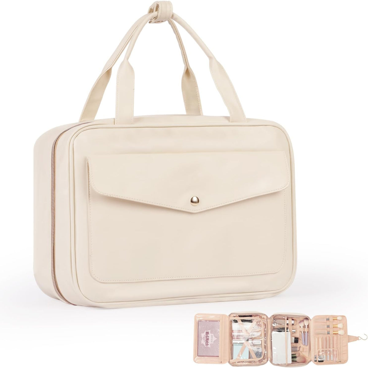 Travel Toiletry Bag with Hanging Hook, Water Resistant Makeup Organizer, Large Capacity Cosmetic Storage for Accessories Shampoo Full Size Bottles and Toiletries, Beige