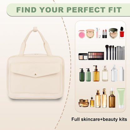 Travel Toiletry Bag with Hanging Hook, Water Resistant Makeup Organizer, Large Capacity Cosmetic Storage for Accessories Shampoo Full Size Bottles and Toiletries, Beige