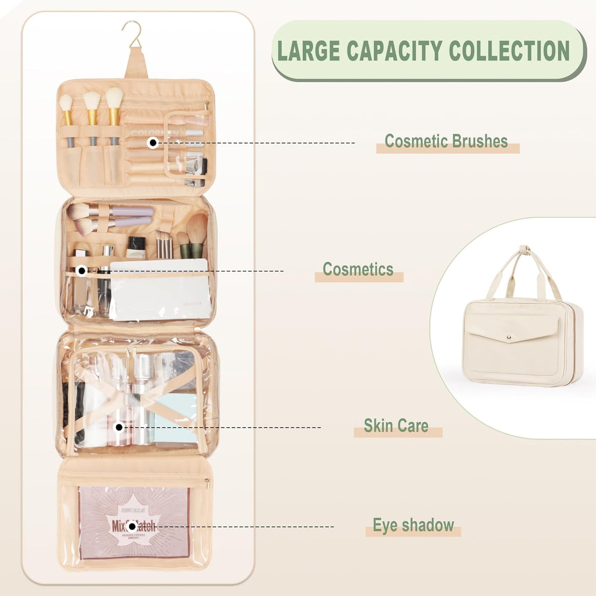 Travel Toiletry Bag with Hanging Hook, Water Resistant Makeup Organizer, Large Capacity Cosmetic Storage for Accessories Shampoo Full Size Bottles and Toiletries, Beige