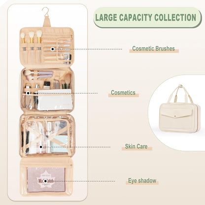Travel Toiletry Bag with Hanging Hook, Water Resistant Makeup Organizer, Large Capacity Cosmetic Storage for Accessories Shampoo Full Size Bottles and Toiletries, Beige