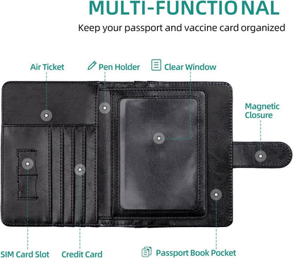 passport holder, passport cover, vaccine card holder, waterproof leather travel wallet with rfid blocking for men/women