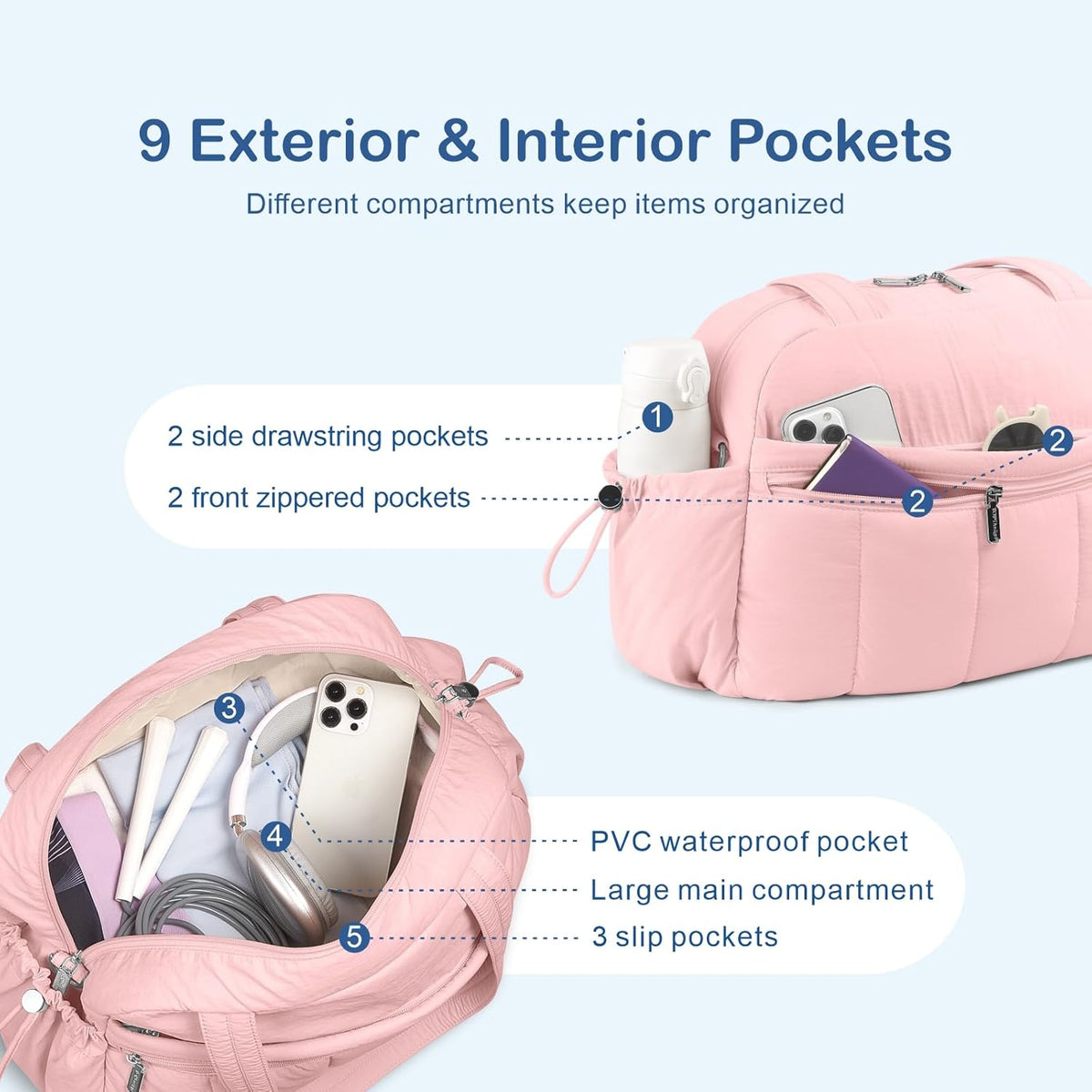 Travel Duffel Bag for Women, Puffer Gym Bag Sports Tote with Wet Pocket, Carry On Weekender with Luggage Sleeve (Navy Blue)