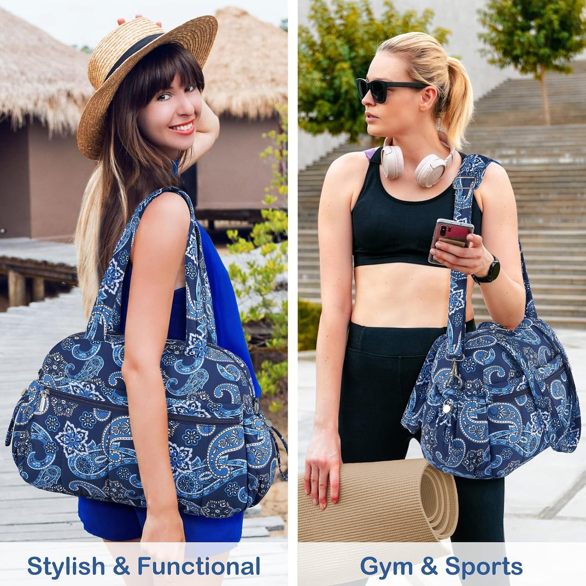 Travel Duffel Bag for Women, Puffer Gym Bag Sports Tote with Wet Pocket, Carry On Weekender with Luggage Sleeve (Navy Blue)