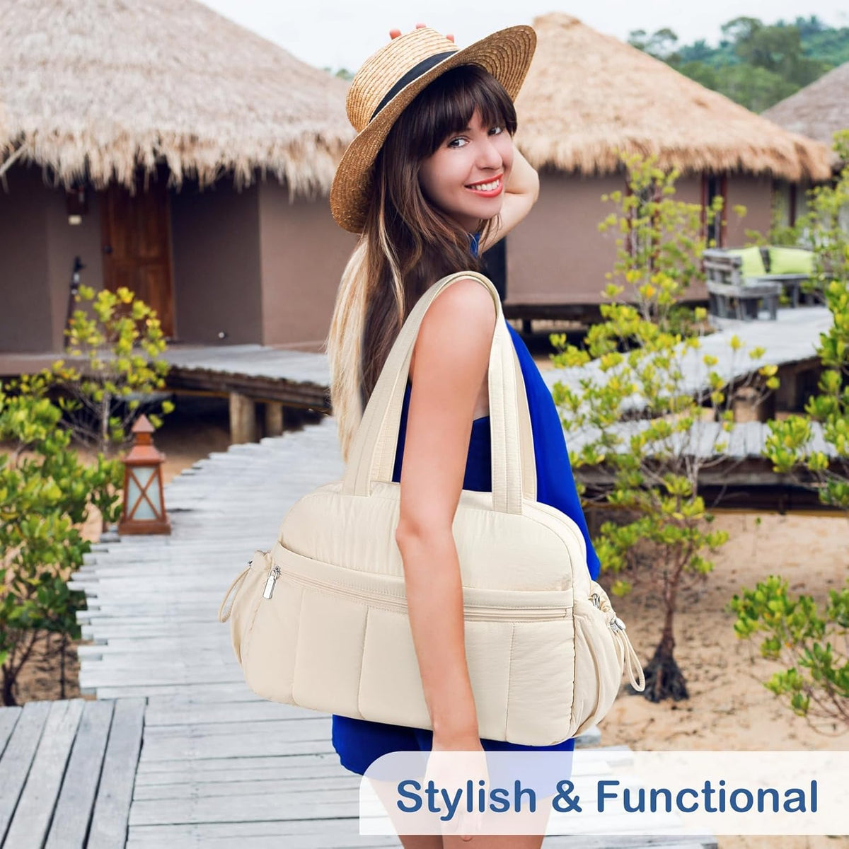 Travel Duffel Bag for Women, Puffer Gym Bag Sports Tote with Wet Pocket, Carry On Weekender with Luggage Sleeve (Navy Blue)