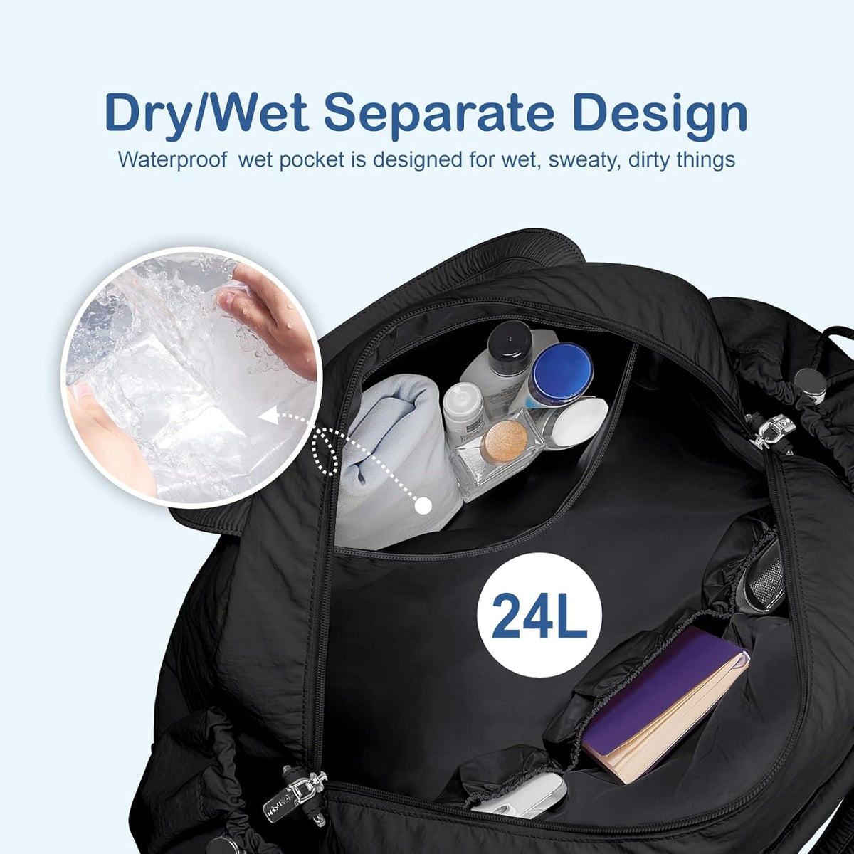 Travel Duffel Bag for Women, Puffer Gym Bag Sports Tote with Wet Pocket, Carry On Weekender with Luggage Sleeve (Navy Blue)