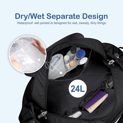 Travel Duffel Bag for Women, Puffer Gym Bag Sports Tote with Wet Pocket, Carry On Weekender with Luggage Sleeve (Navy Blue)