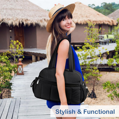 Travel Duffel Bag for Women, Puffer Gym Bag Sports Tote with Wet Pocket, Carry On Weekender with Luggage Sleeve (Navy Blue)