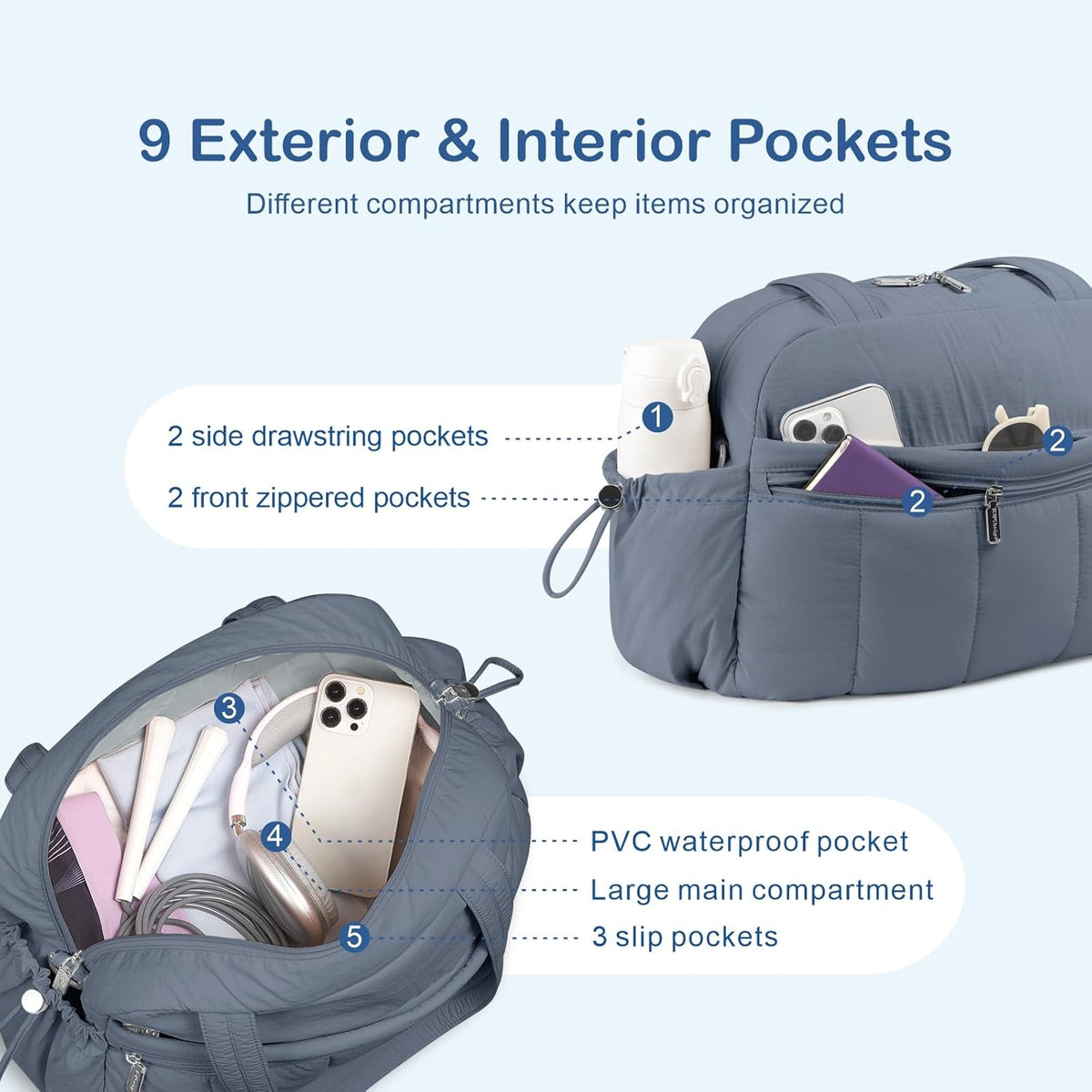 Travel Duffel Bag for Women, Puffer Gym Bag Sports Tote with Wet Pocket, Carry On Weekender with Luggage Sleeve (Navy Blue)