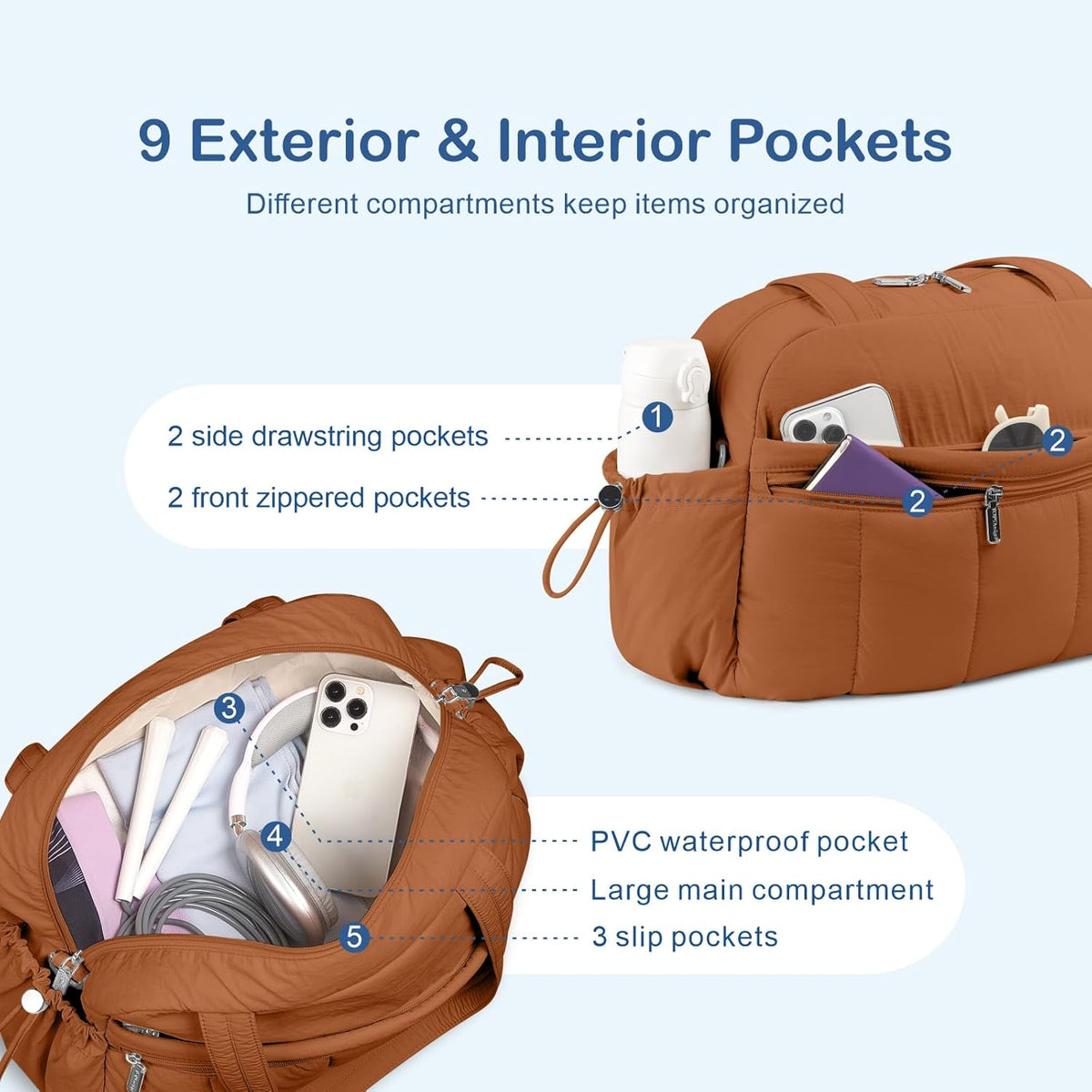 Travel Duffel Bag for Women, Puffer Gym Bag Sports Tote with Wet Pocket, Carry On Weekender with Luggage Sleeve (Navy Blue)