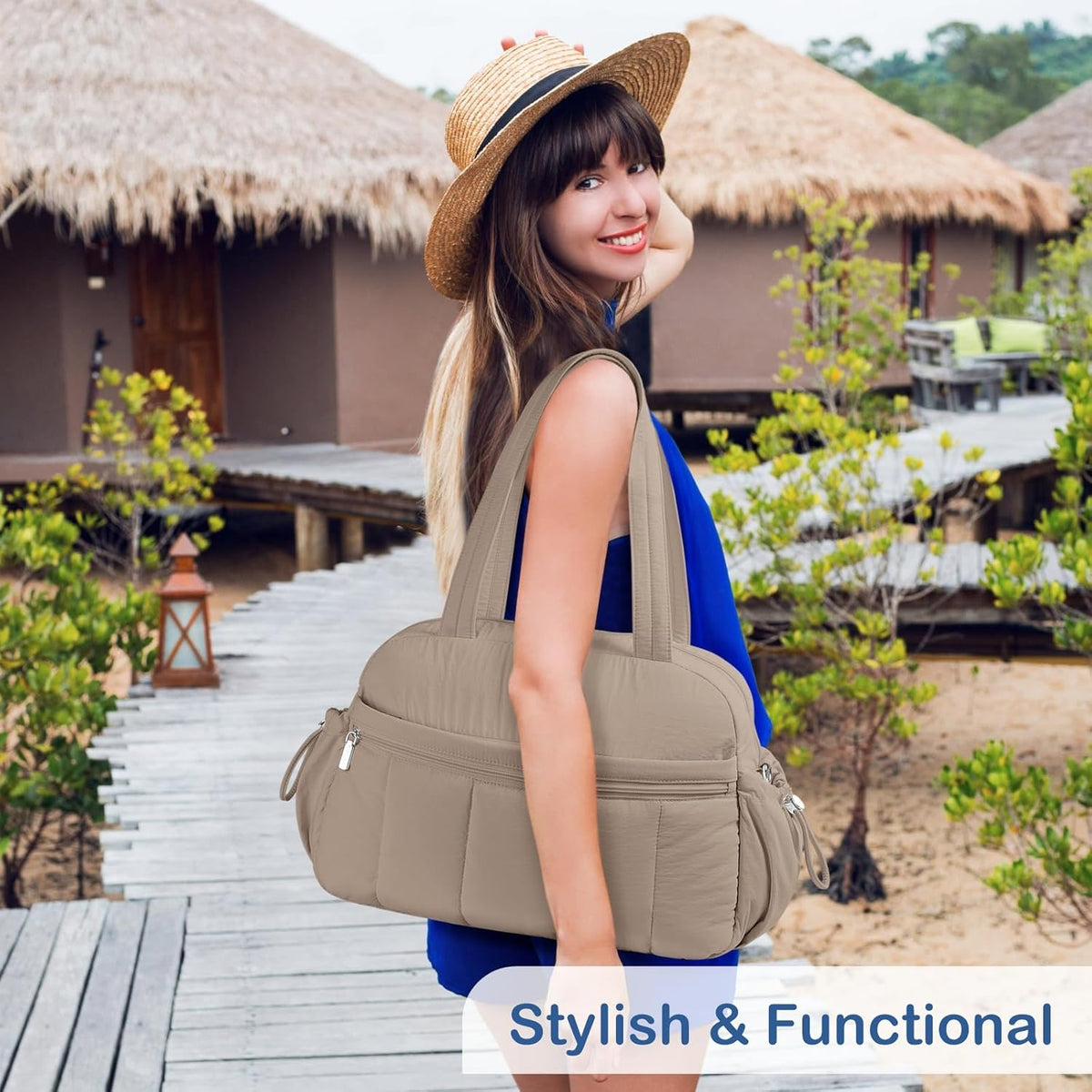 Travel Duffel Bag for Women, Puffer Gym Bag Sports Tote with Wet Pocket, Carry On Weekender with Luggage Sleeve (Navy Blue)