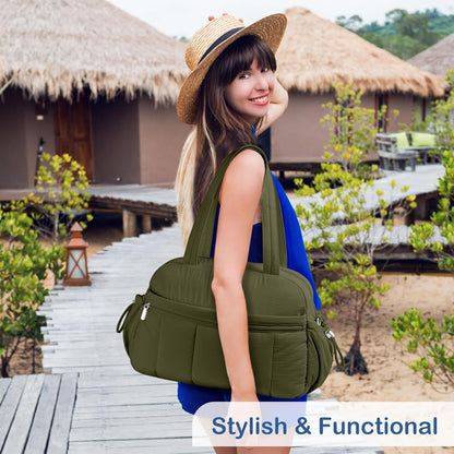 Travel Duffel Bag for Women, Puffer Gym Bag Sports Tote with Wet Pocket, Carry On Weekender with Luggage Sleeve (Navy Blue)