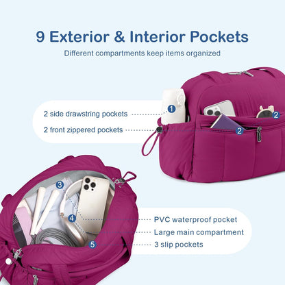 Travel Duffel Bag for Women, Puffer Gym Bag Sports Tote with Wet Pocket, Carry On Weekender with Luggage Sleeve (Navy Blue)